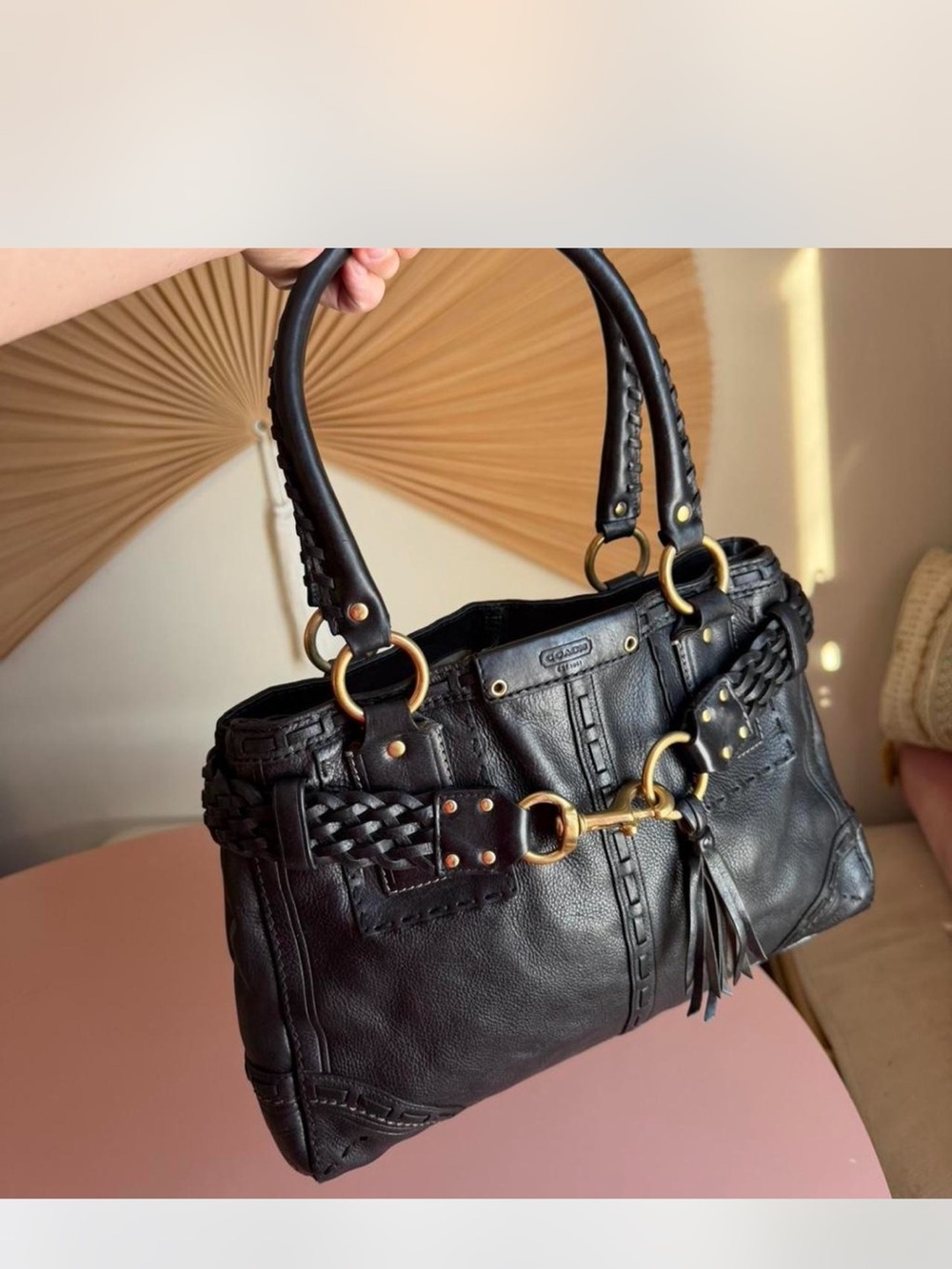 Vintage Y2K Coach Hampton Braided Black Leather Carryall Satchel